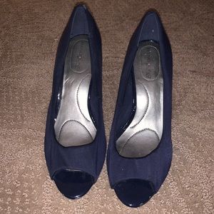 Navy open toe heels